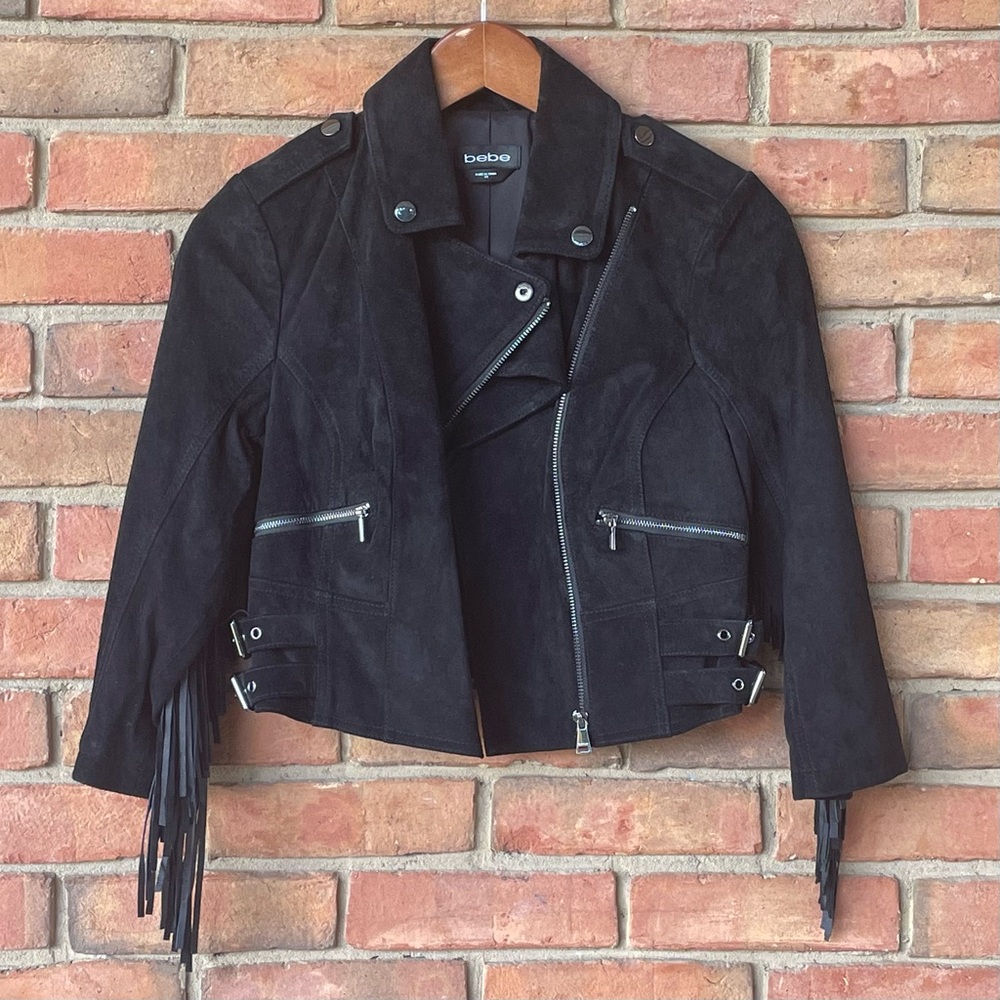 BEBE Suede Fringe Moto Jacket Coat Sz XS